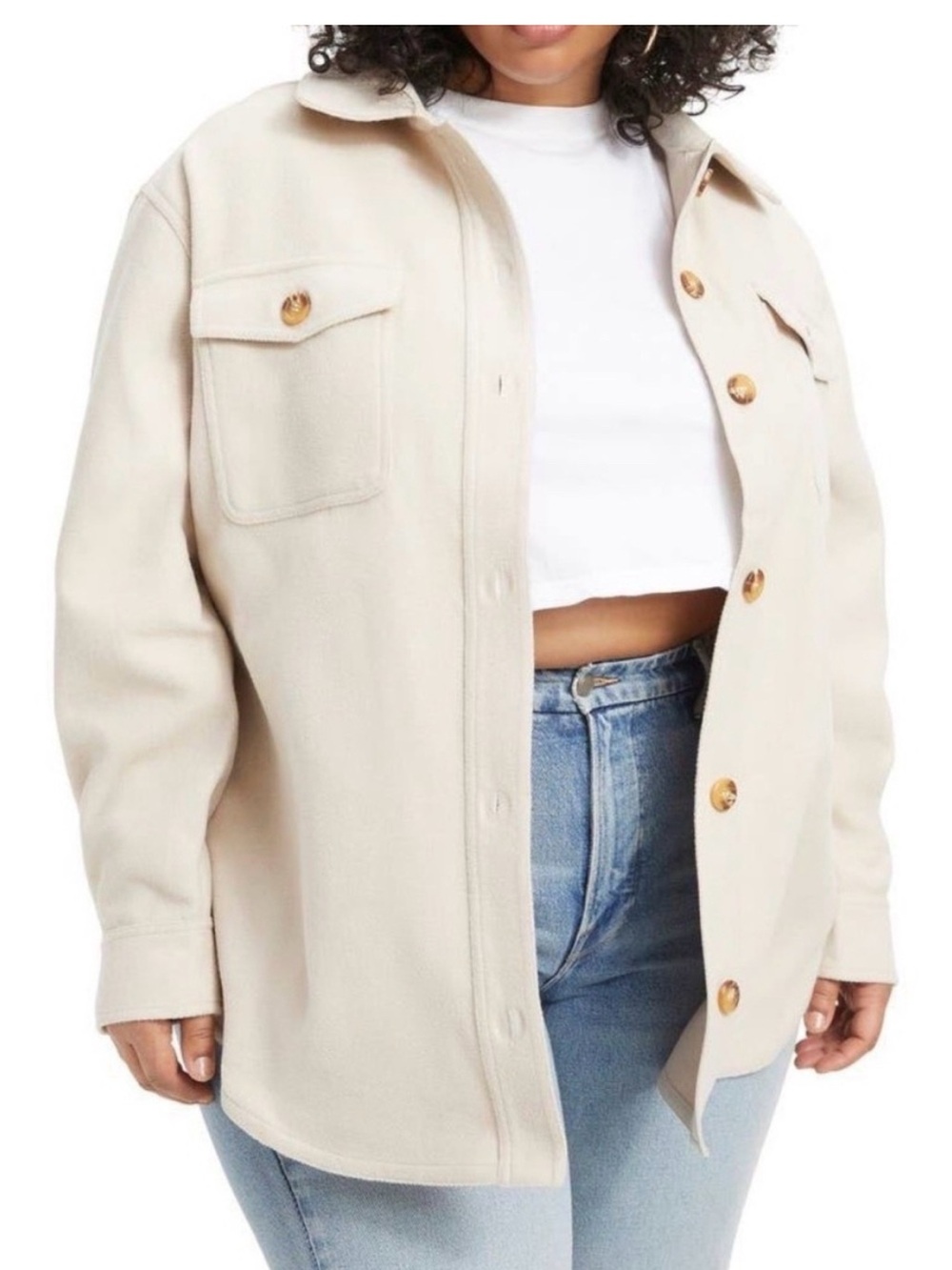 Good American Cream Oversized Utility Shacket with Gold Buttons